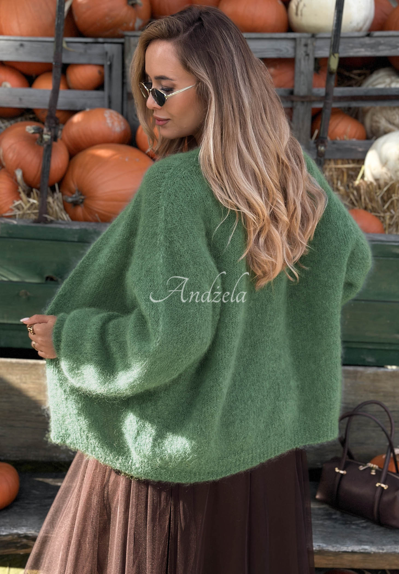 Oversize-Strickjacke aus Mohair vorne offen Cozy Latte salbeigrün
