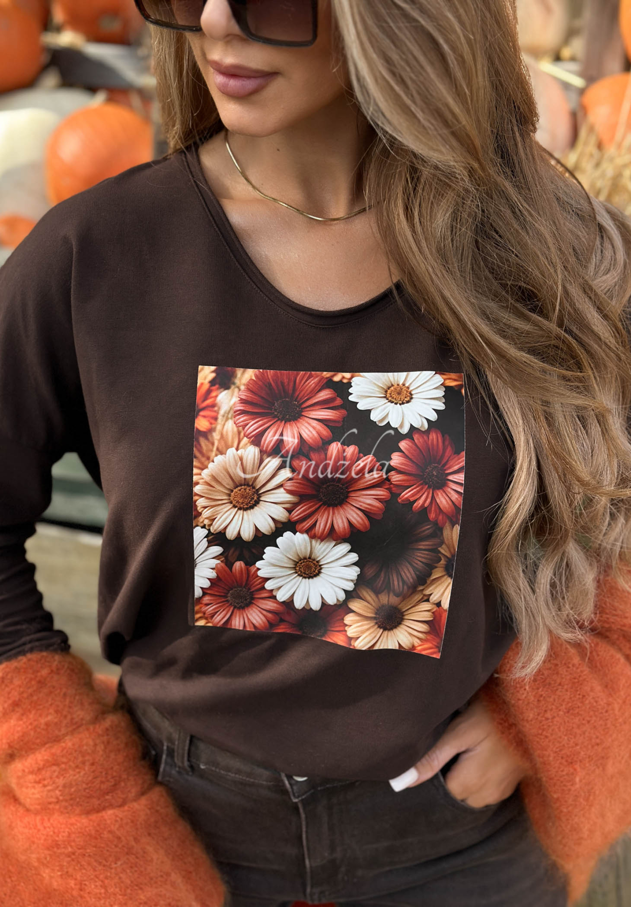 Langärmlige Baumwollbluse mit Blumenprint Autumn Sweetie Schokoladenbraun