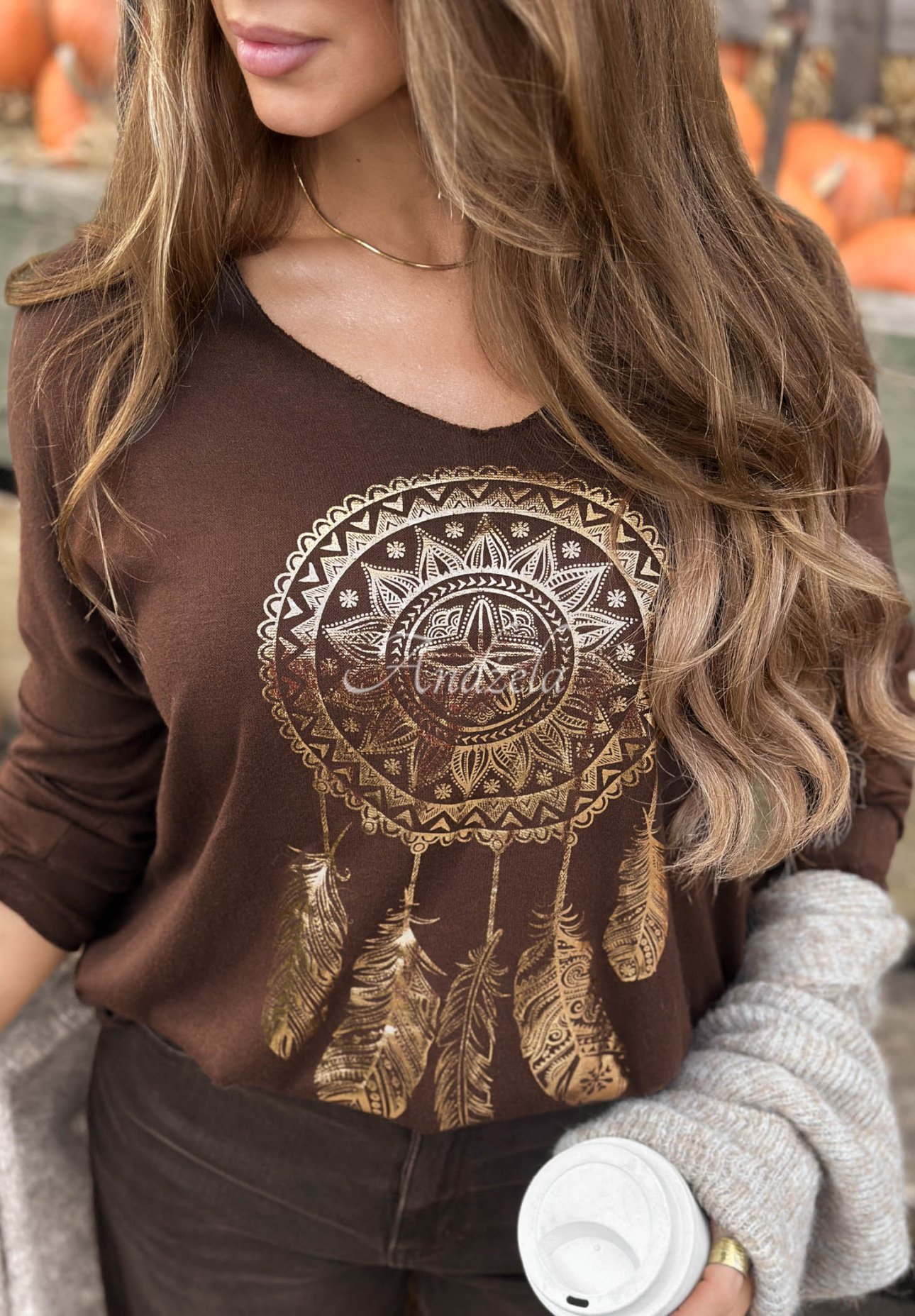 Leichter Viskose-Pullover mit Aufdruck Golden Dreams Schokoladenbraun