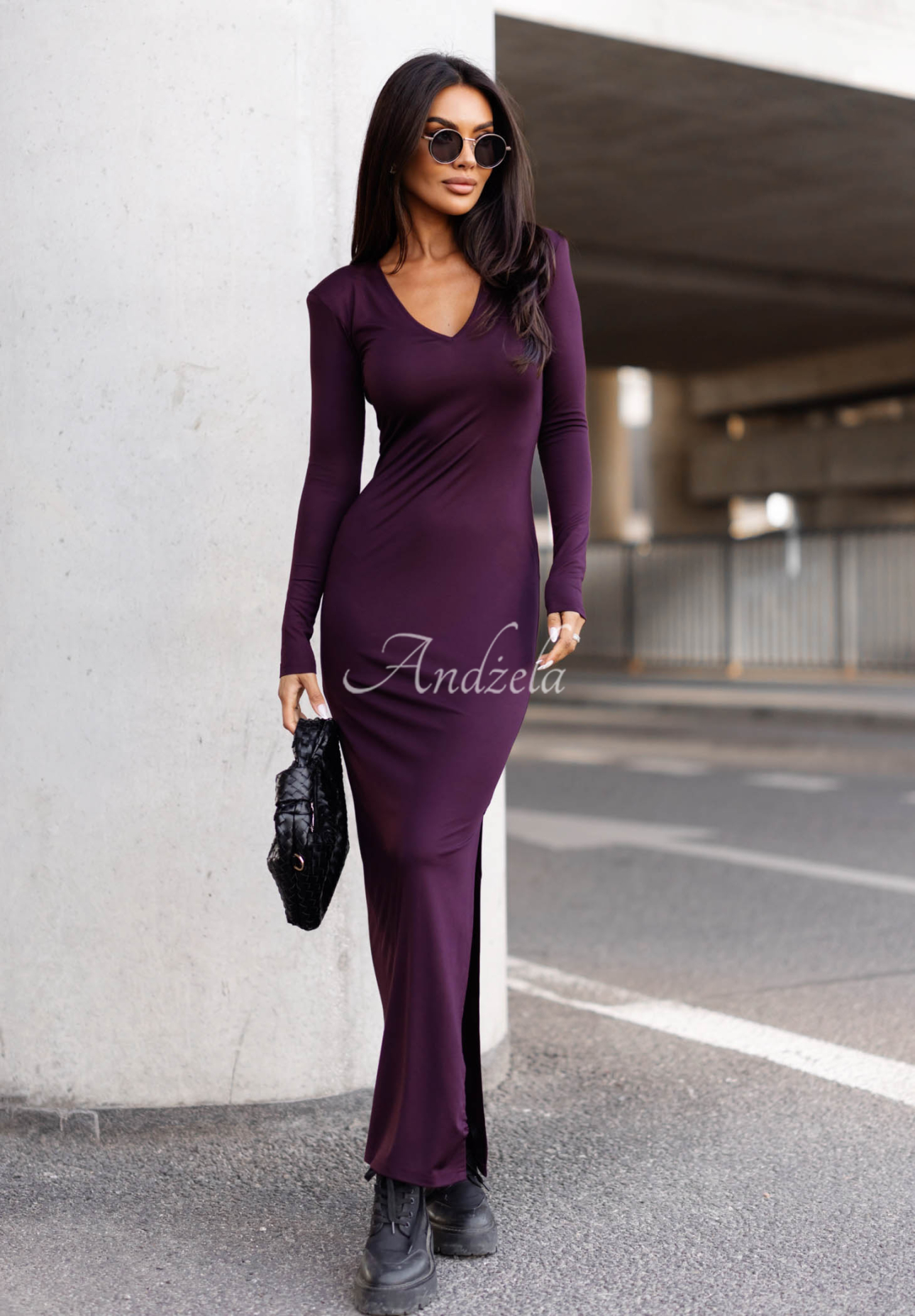 Langärmeliges Viskosekleid mit Schlitz Let Me Dream Beerenfarben