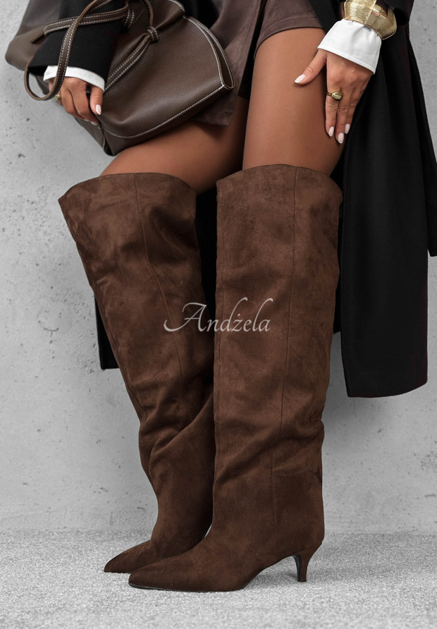 Lange Wildlederstiefel mit Stilettoabsatz Golden Steps Schokoladenbraun