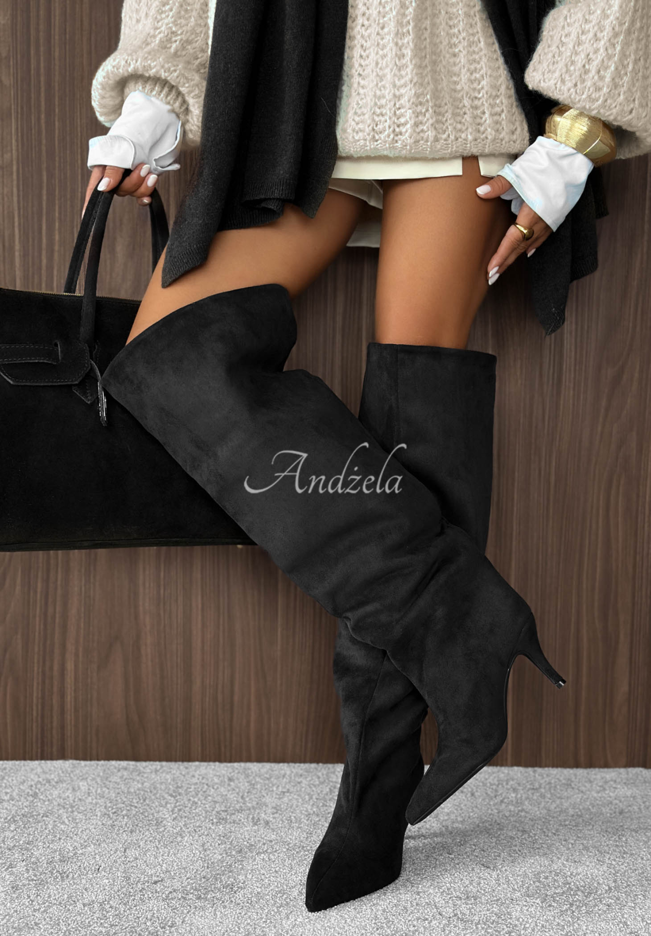Lange Wildlederstiefel mit Stilettoabsatz Autumn Belle Schwarz