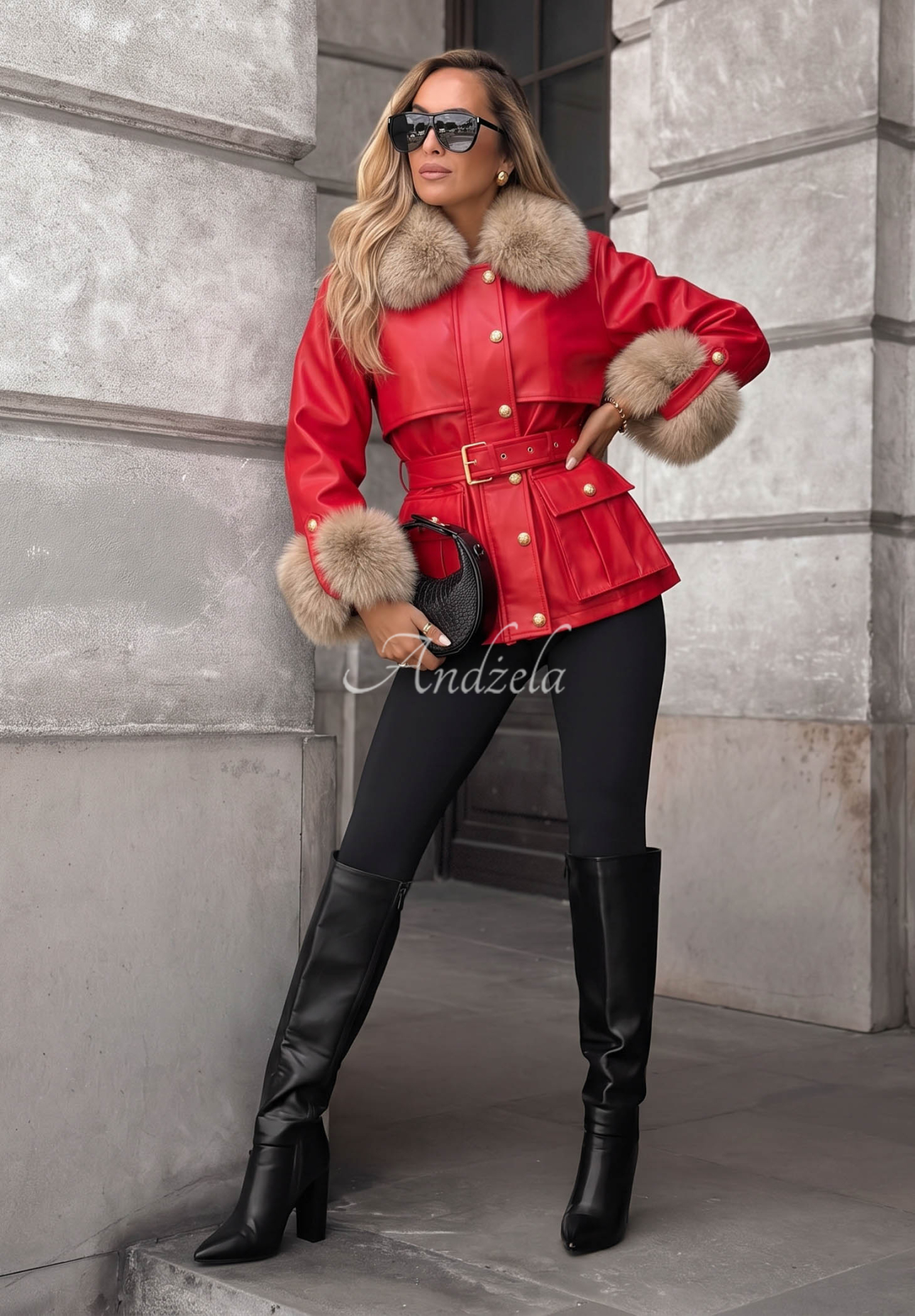 Lederparkajacke mit Pelz Misty Skies Rot