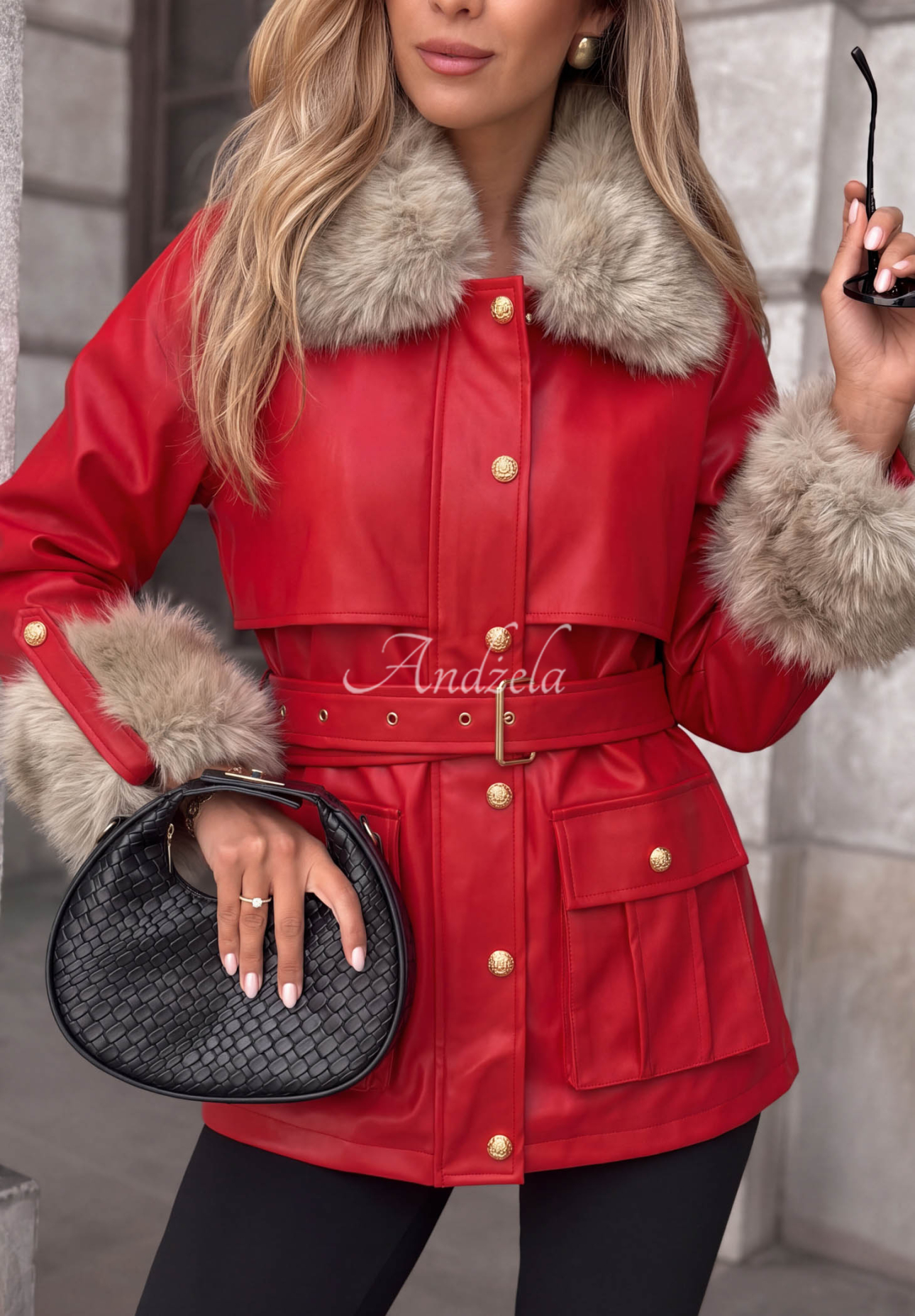 Lederparkajacke mit Pelz Misty Skies Rot