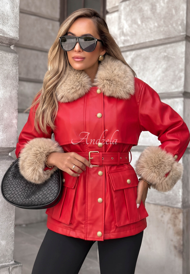 Lederparkajacke mit Pelz Misty Skies Rot