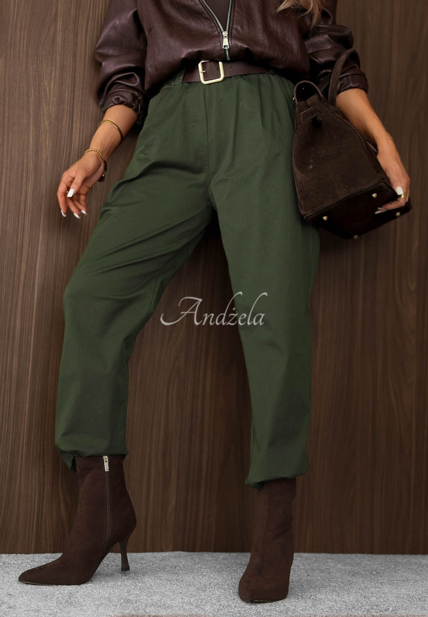 Baumwollhose im Mom-Fit mit G&uuml;rtel Casual Look Khaki