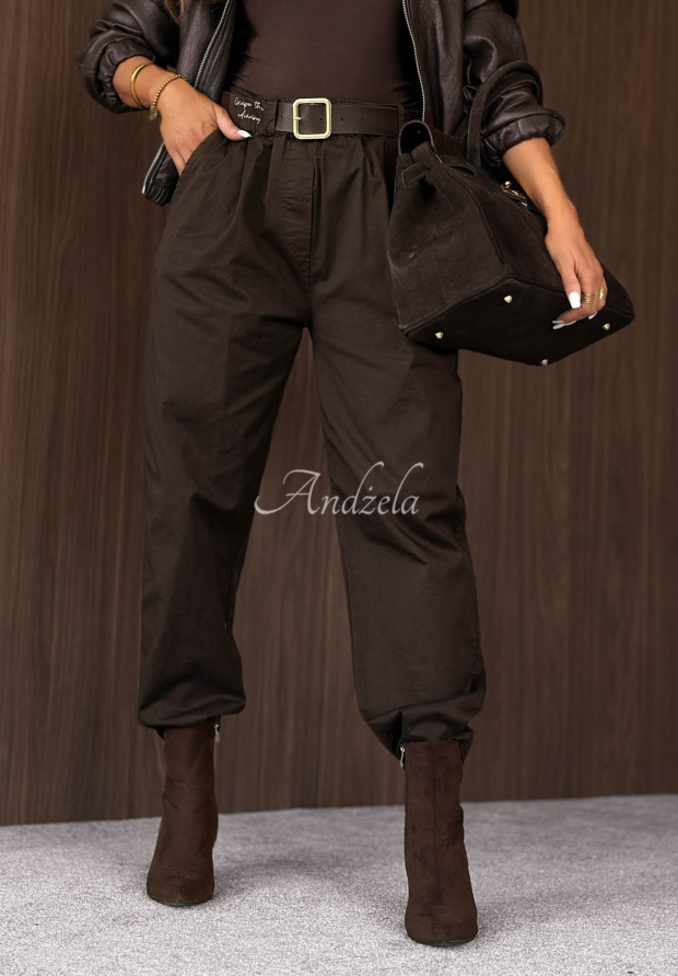 Baumwollhose im Mom-Fit mit G&uuml;rtel Casual Look Schokoladenbraun