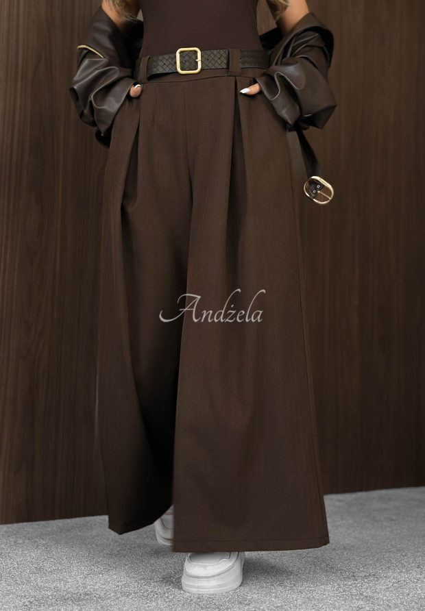 Weit geschnittene Stoffhose mit G&uuml;rtel Simple Elegance Schokoladenbraun