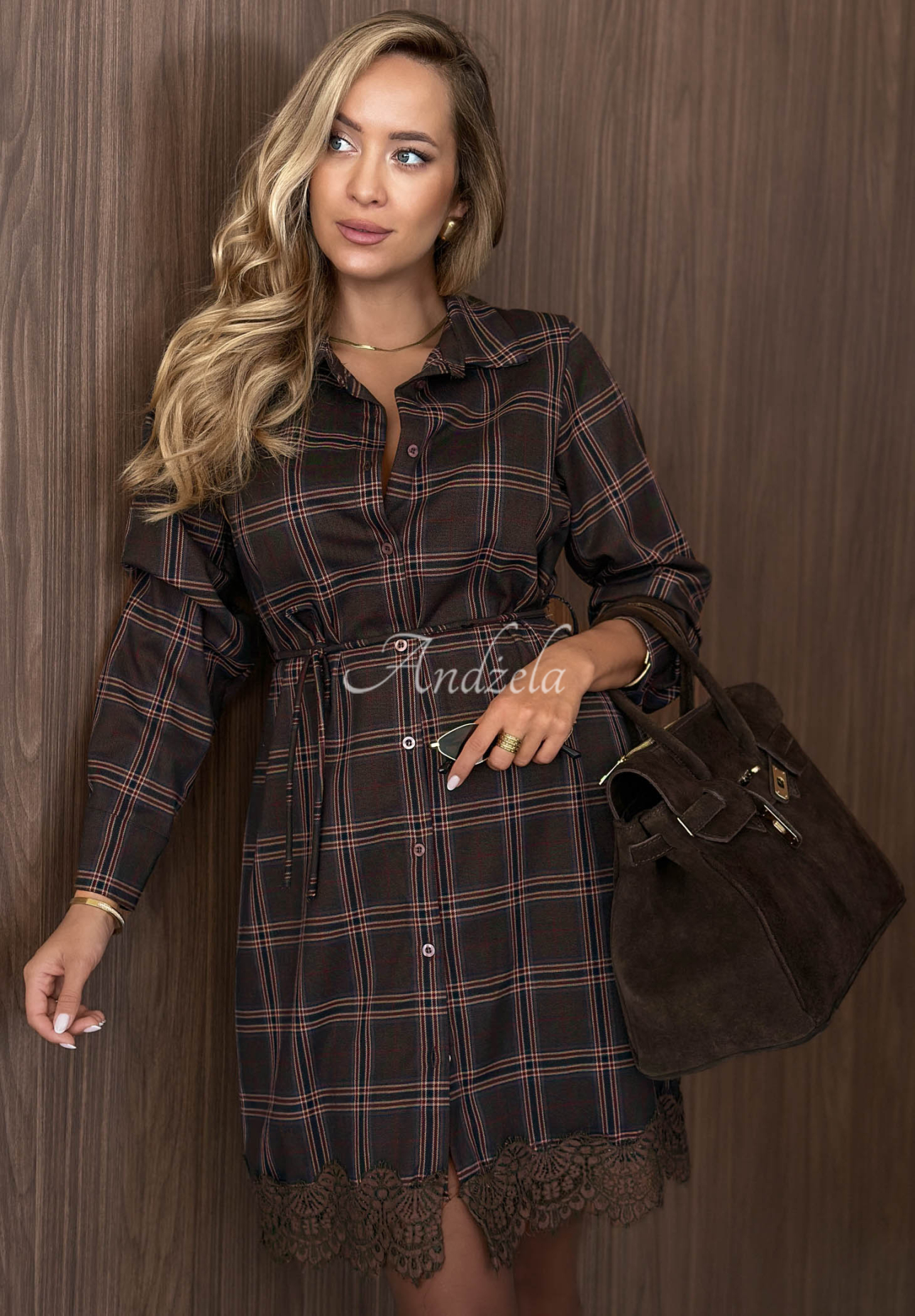 Kariertes Hemdkleid mit Spitze Cozy Romance Schokoladenbraun