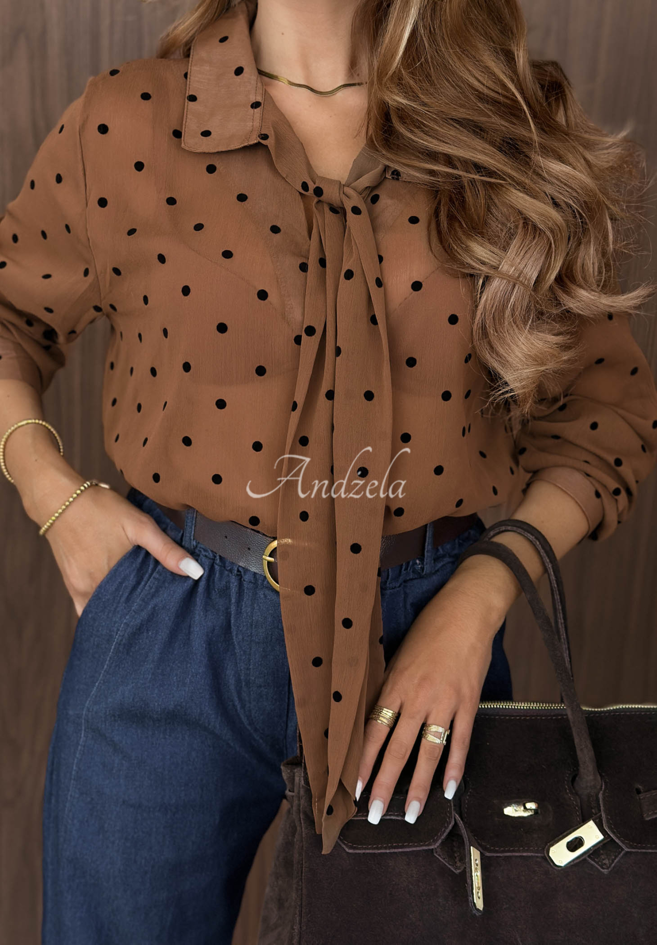 Gepunktetes Hemd mit Bindung Dear Autumn Camel