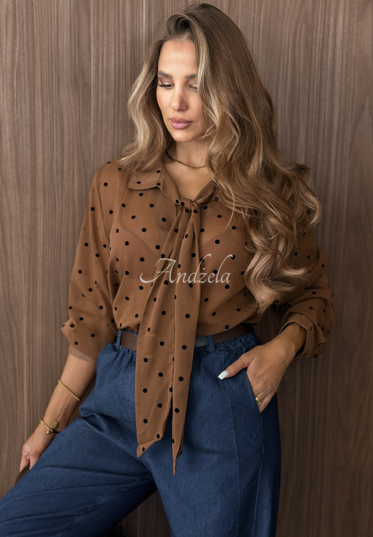 Gepunktetes Hemd mit Bindung Dear Autumn Camel