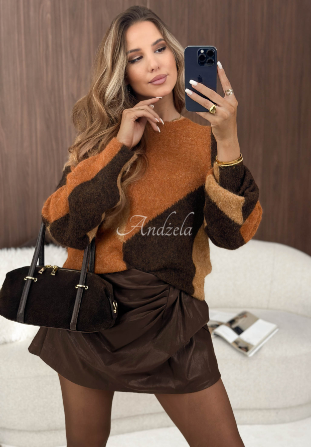 Ein farbenfroher Pullover aus Wolle und Alpaka Soft Whispers Gelb-Schokoladenbraun