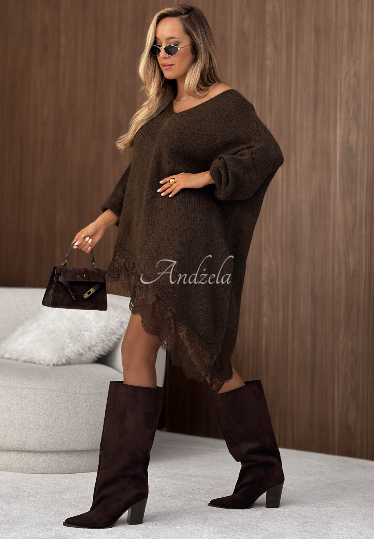 Asymmetrischer Spitzenpullover aus Wolle und Viskose Sweet Seduction Schokoladenbraun
