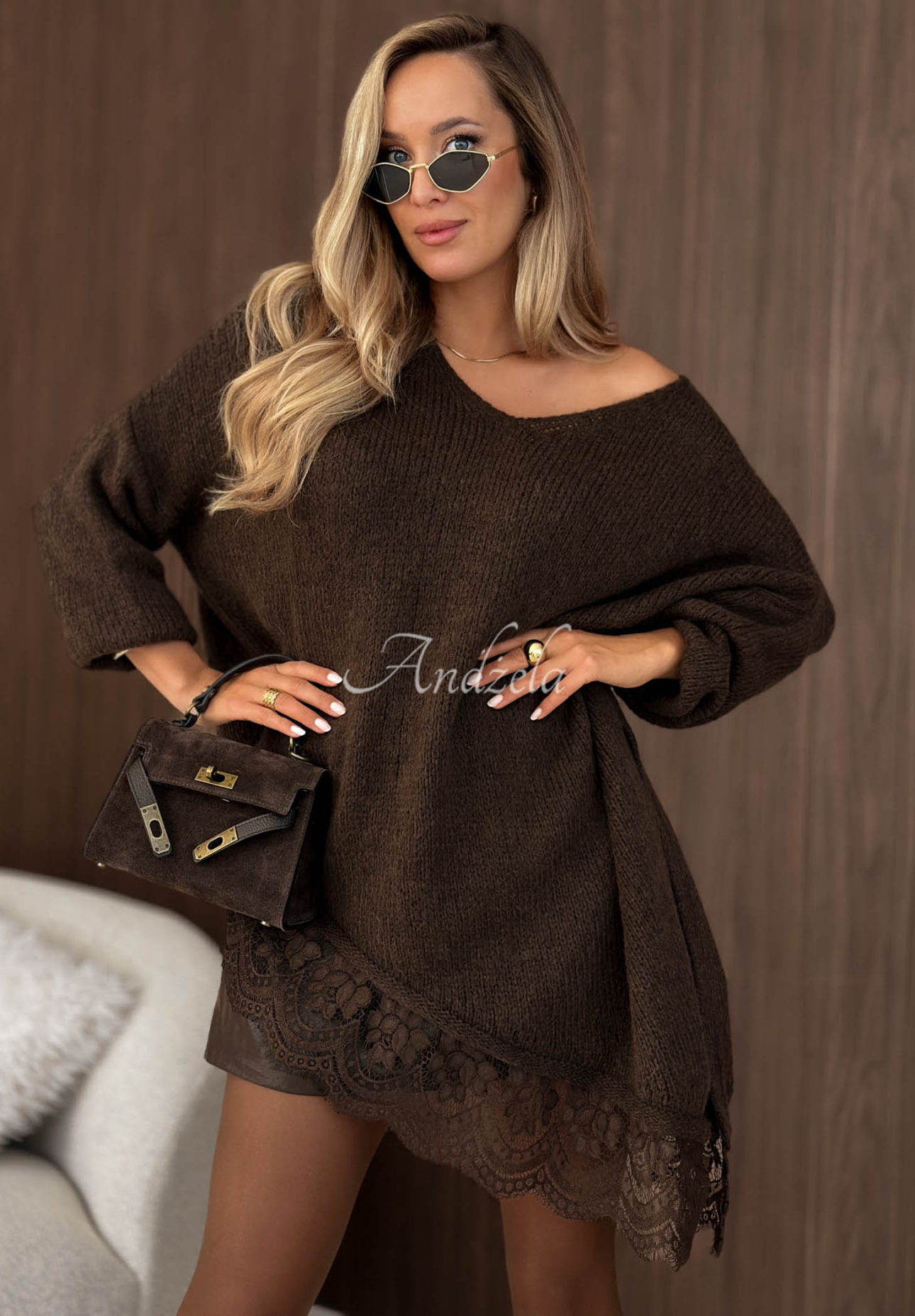 Asymmetrischer Spitzenpullover aus Wolle und Viskose Sweet Seduction Schokoladenbraun