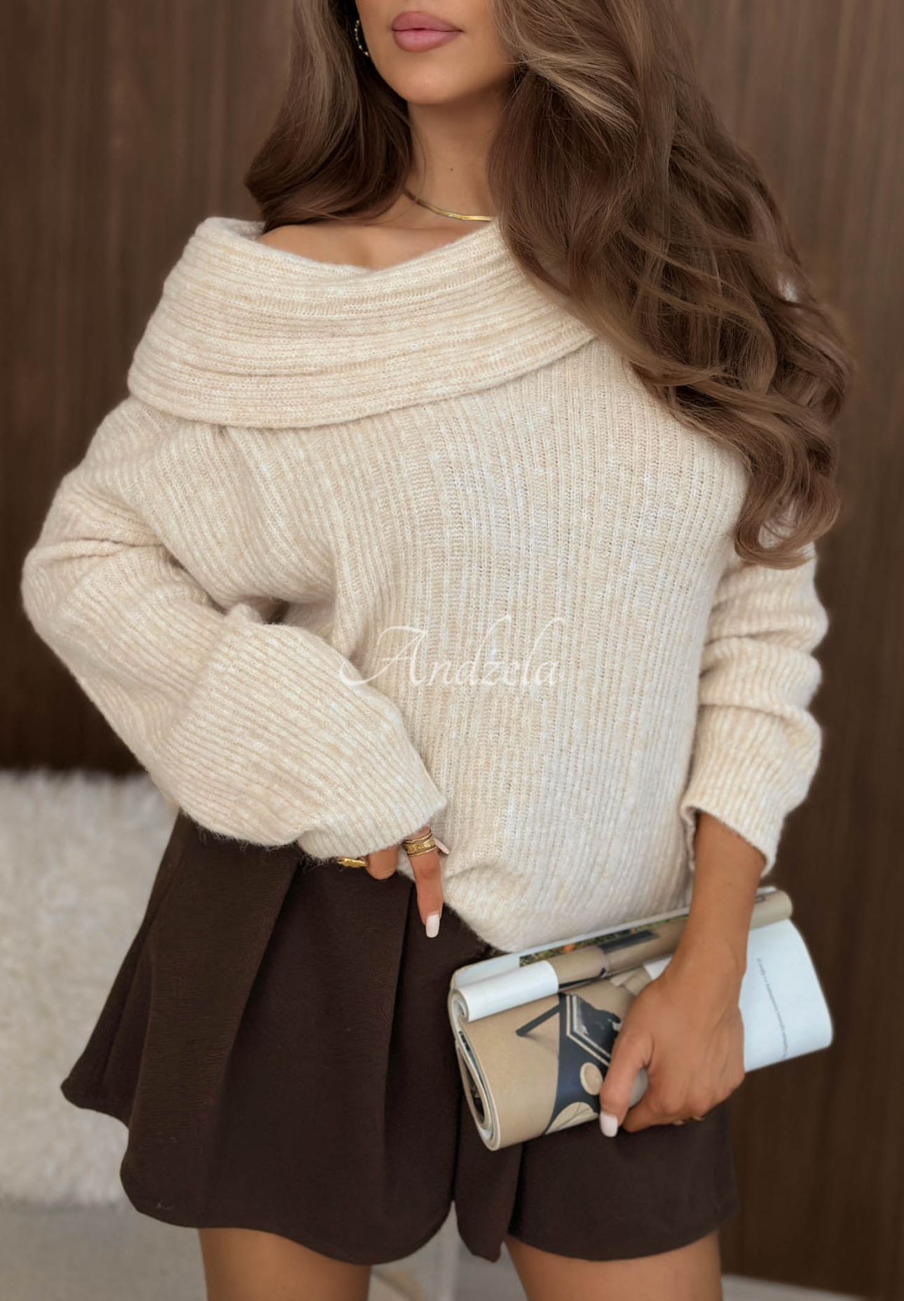 Pullover mit Umlegekragen aus Alpaka und Wolle Frosty Walk Beige
