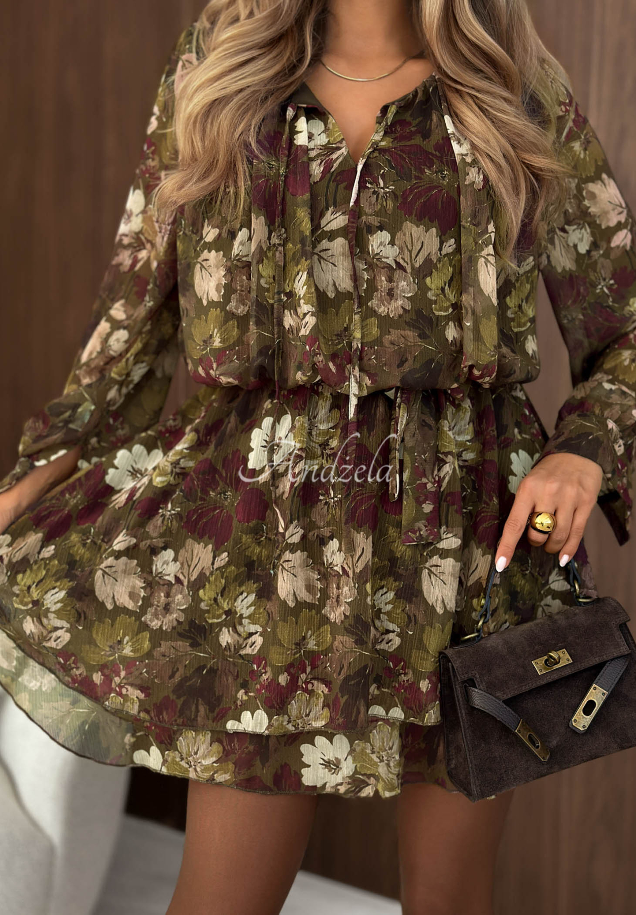 Minikleid mit Blumenmuster und Gürtel Fall Bouquet Khaki