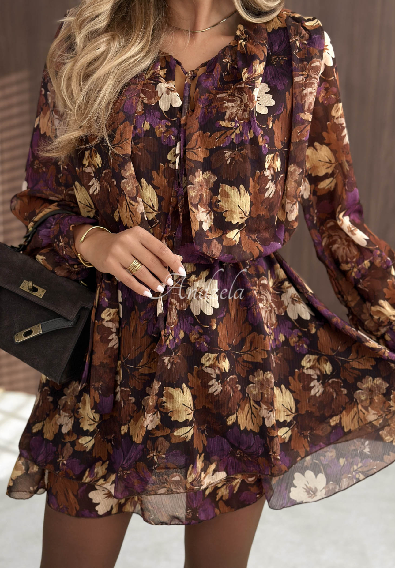 Minikleid mit Blumenmuster und Gürtel Fall Bouquet Schokoladenbraun