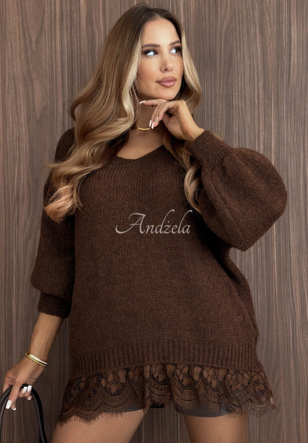 Oversized Spitzenpullover aus Wolle und Viskose Dusky Clouds Schokoladenbraun