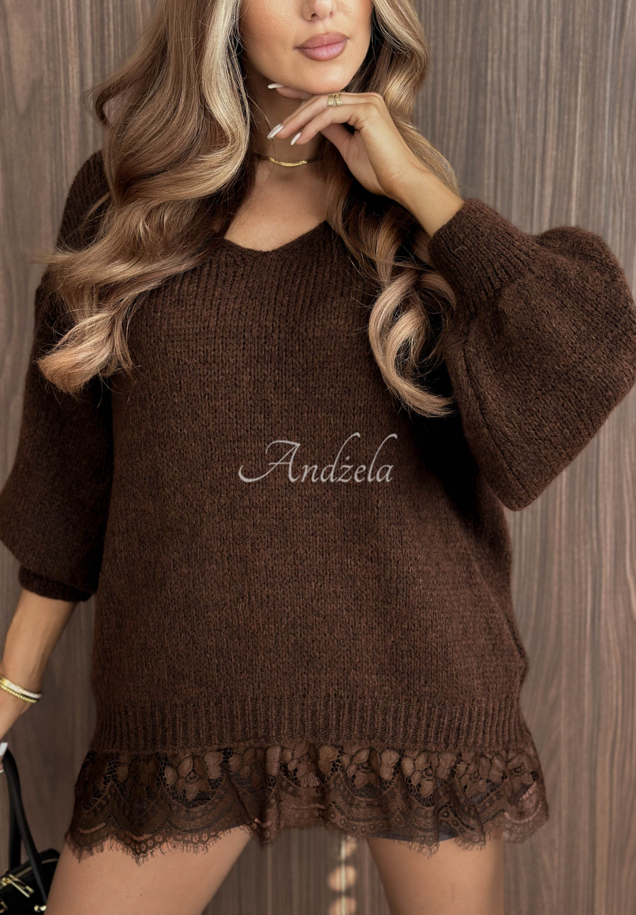 Oversized Spitzenpullover aus Wolle und Viskose Dusky Clouds Schokoladenbraun