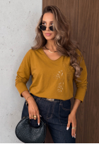 Bluse longsleeve z dekoltem i cekinami Last Sunrays Camel
