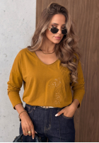 Bluse longsleeve z dekoltem i cekinami Last Sunrays Camel