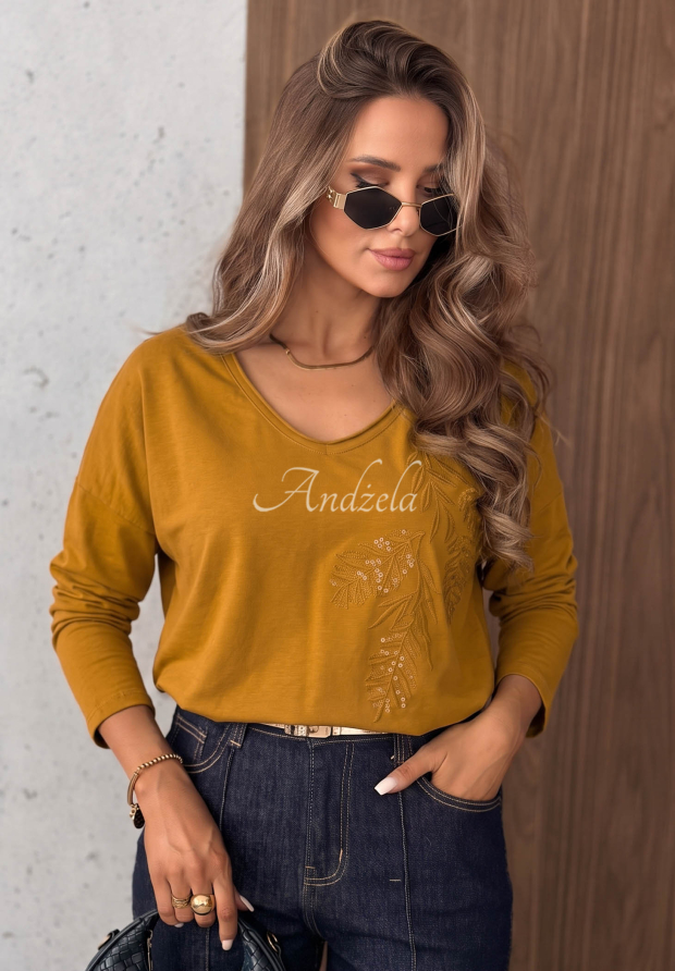Bluse longsleeve z dekoltem i cekinami Last Sunrays Camel