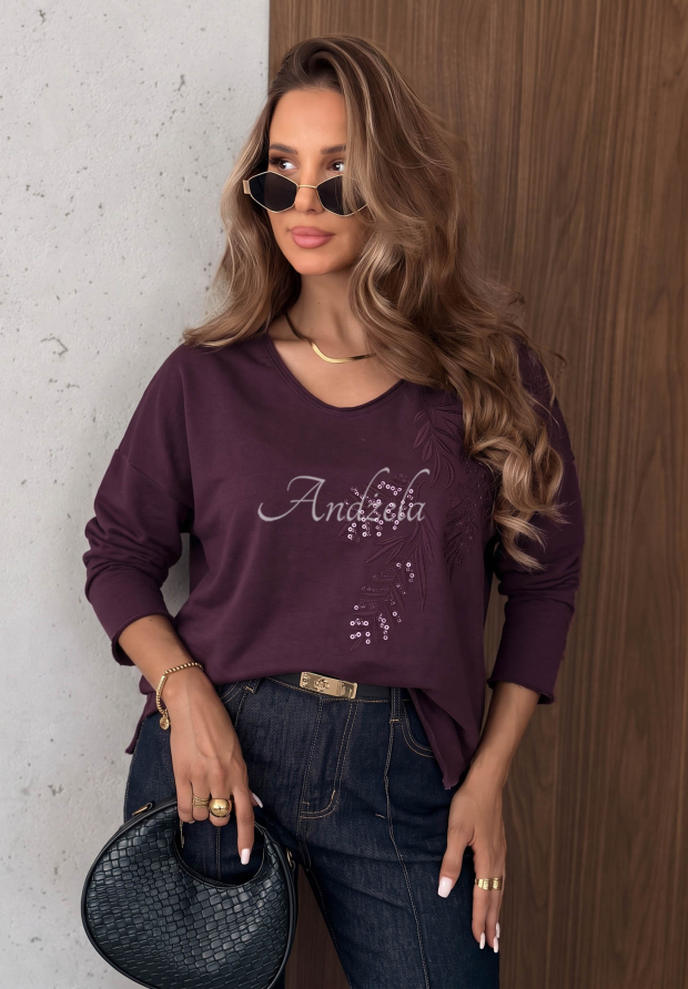 Bluse longsleeve z dekoltem i cekinami Last Sunrays Beerenfarben