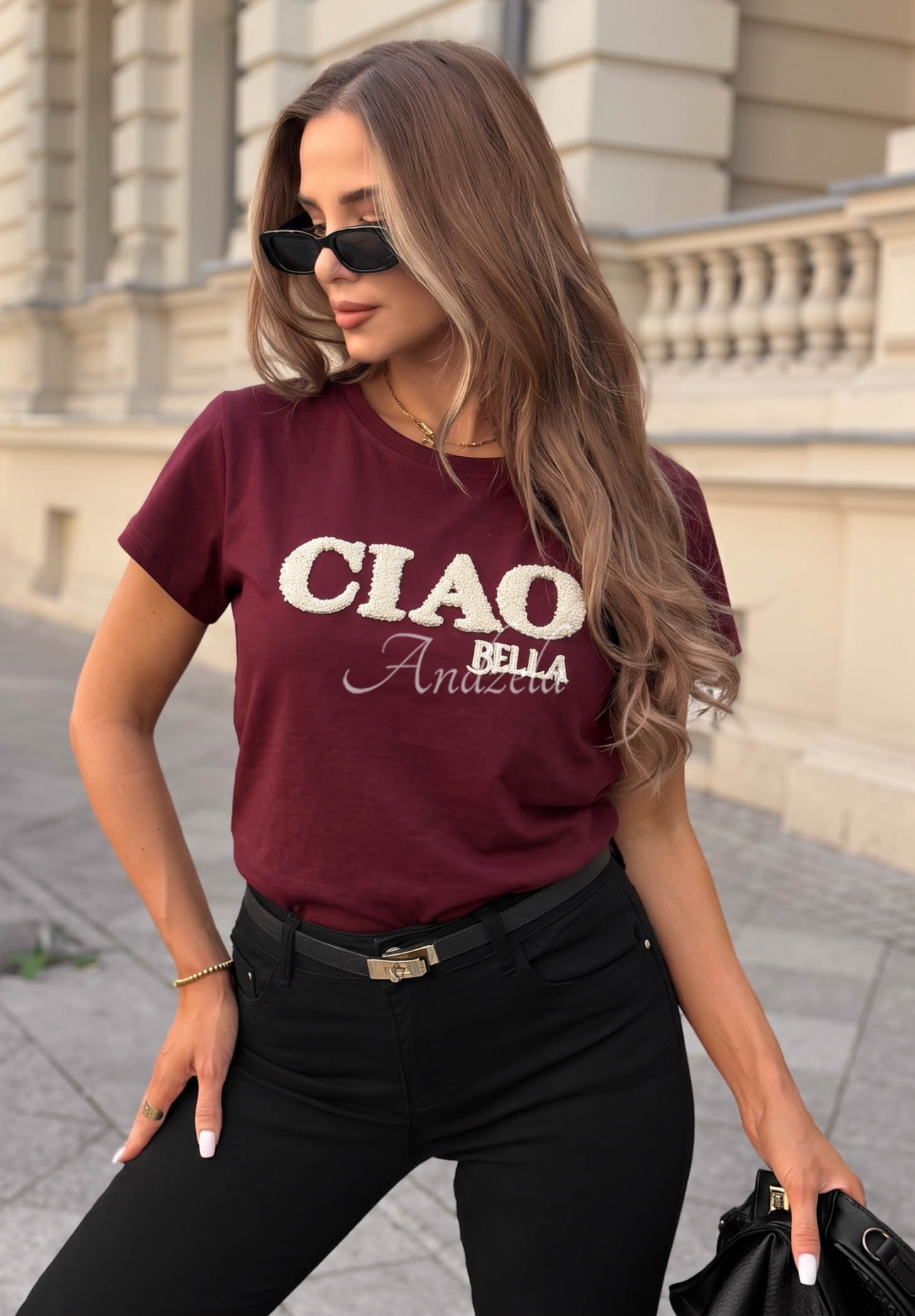 Baumwoll-T-Shirt mit Aufdruck Ciao Bella Burgunderrot