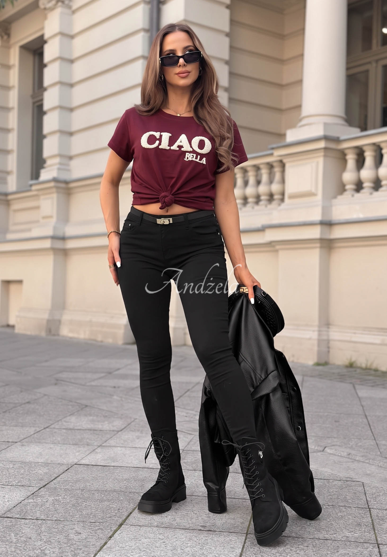Baumwoll-T-Shirt mit Aufdruck Ciao Bella Burgunderrot
