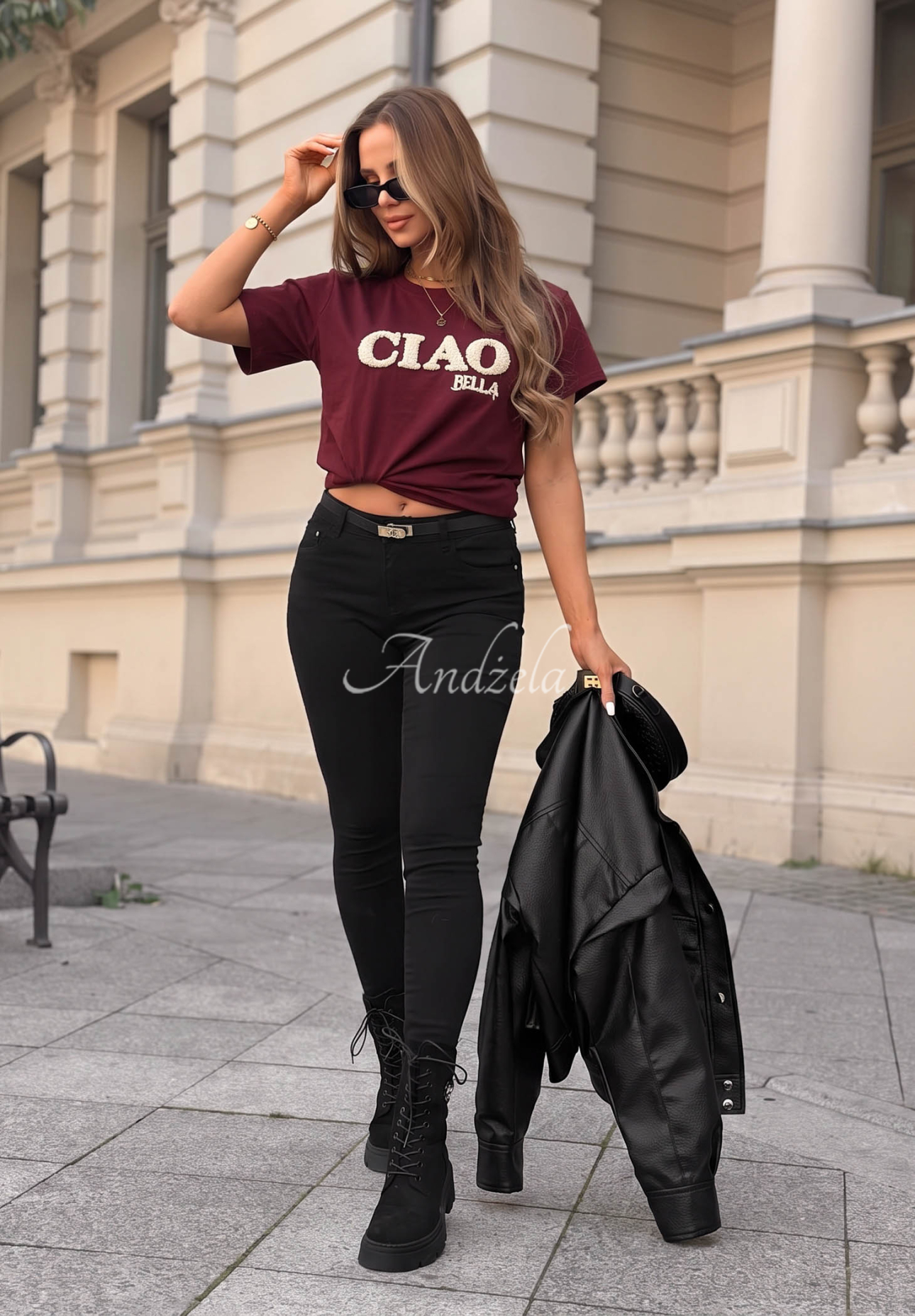 Baumwoll-T-Shirt mit Aufdruck Ciao Bella Burgunderrot