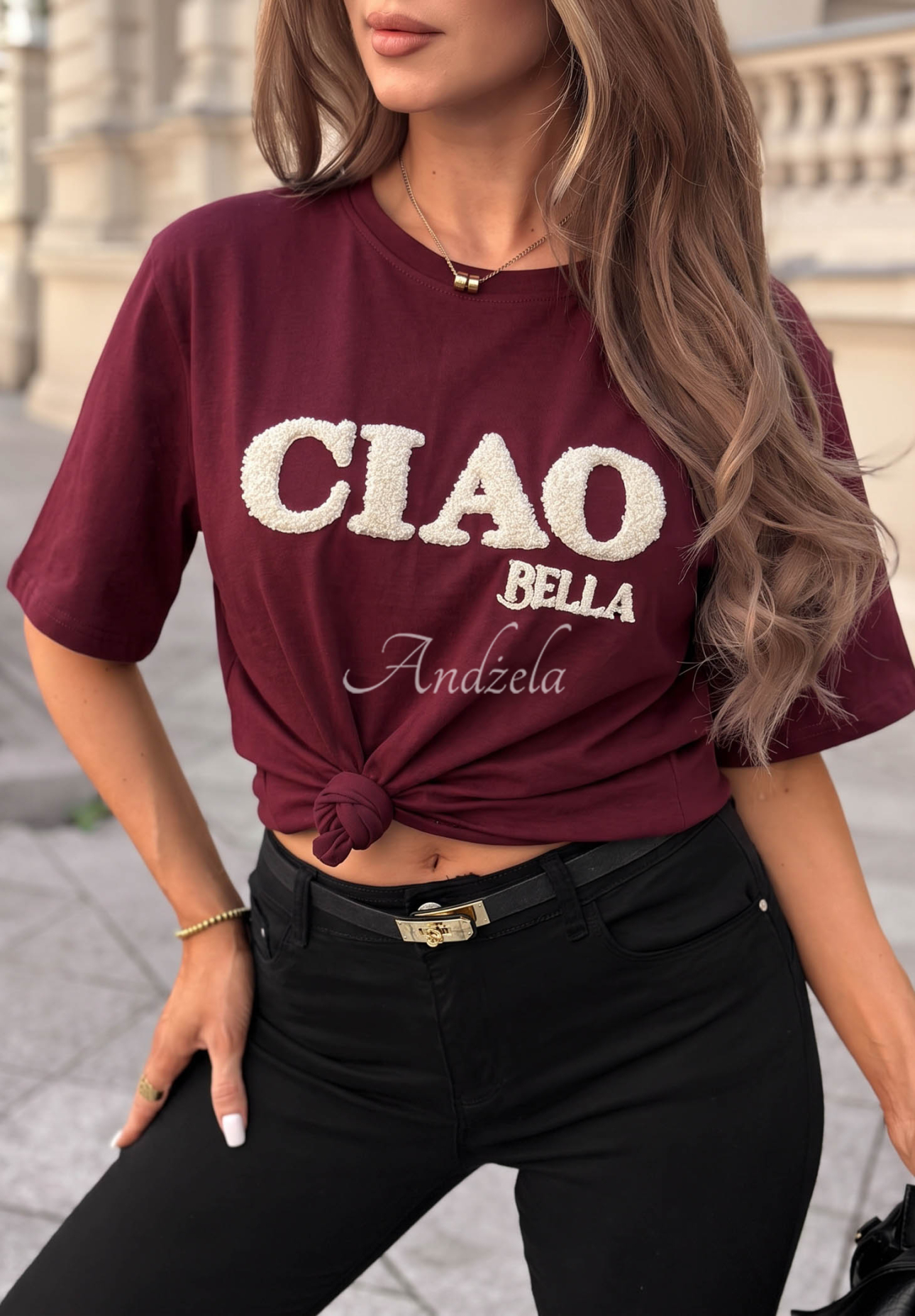 Baumwoll-T-Shirt mit Aufdruck Ciao Bella Burgunderrot