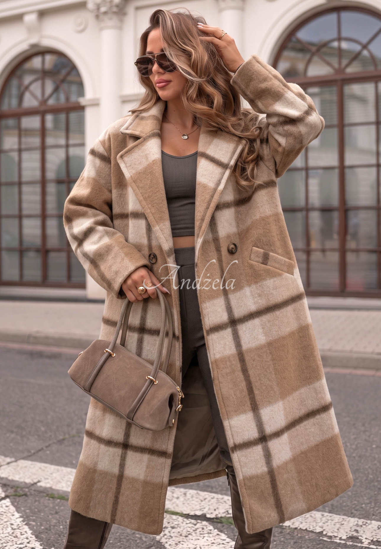 Langer Oversize-Mantel, kariert, mit Wollanteil Cloudy Daydream Camel