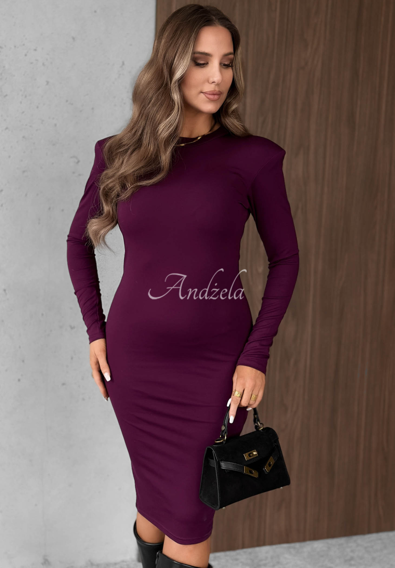 Midi-Kleid aus Viskose mit langen Ärmeln Soft Classics Pflaumenfarben