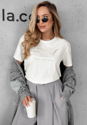 Baumwoll-T-Shirt mit dekorativem Schriftzug Favored Weiß
