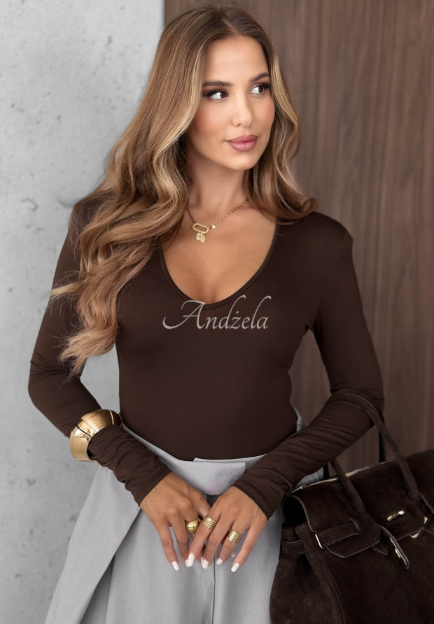 Longsleeve-Bluse mit Ausschnitt Main Girl Schokoladenbraun