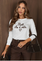 T-Shirt z napisem Ridi De Vita biało-Schokoladenbraun