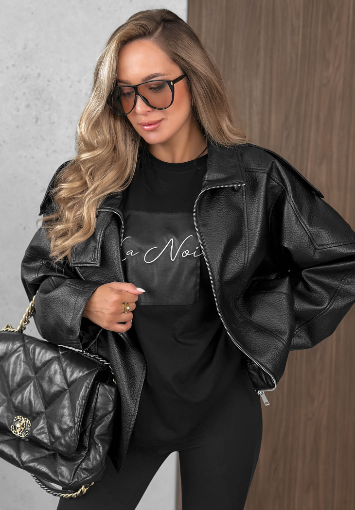 Baumwoll-T-Shirt mit dekorativer Applikation This Happens Schwarz