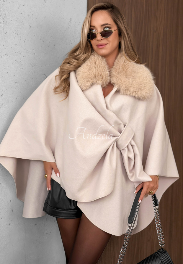 Poncho-Mantel mit Fellbesatz und Wolle Feather Soft Beige