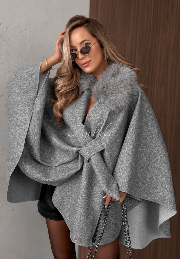 Poncho-Mantel mit Fellbesatz und Wolle Feather Soft Grau