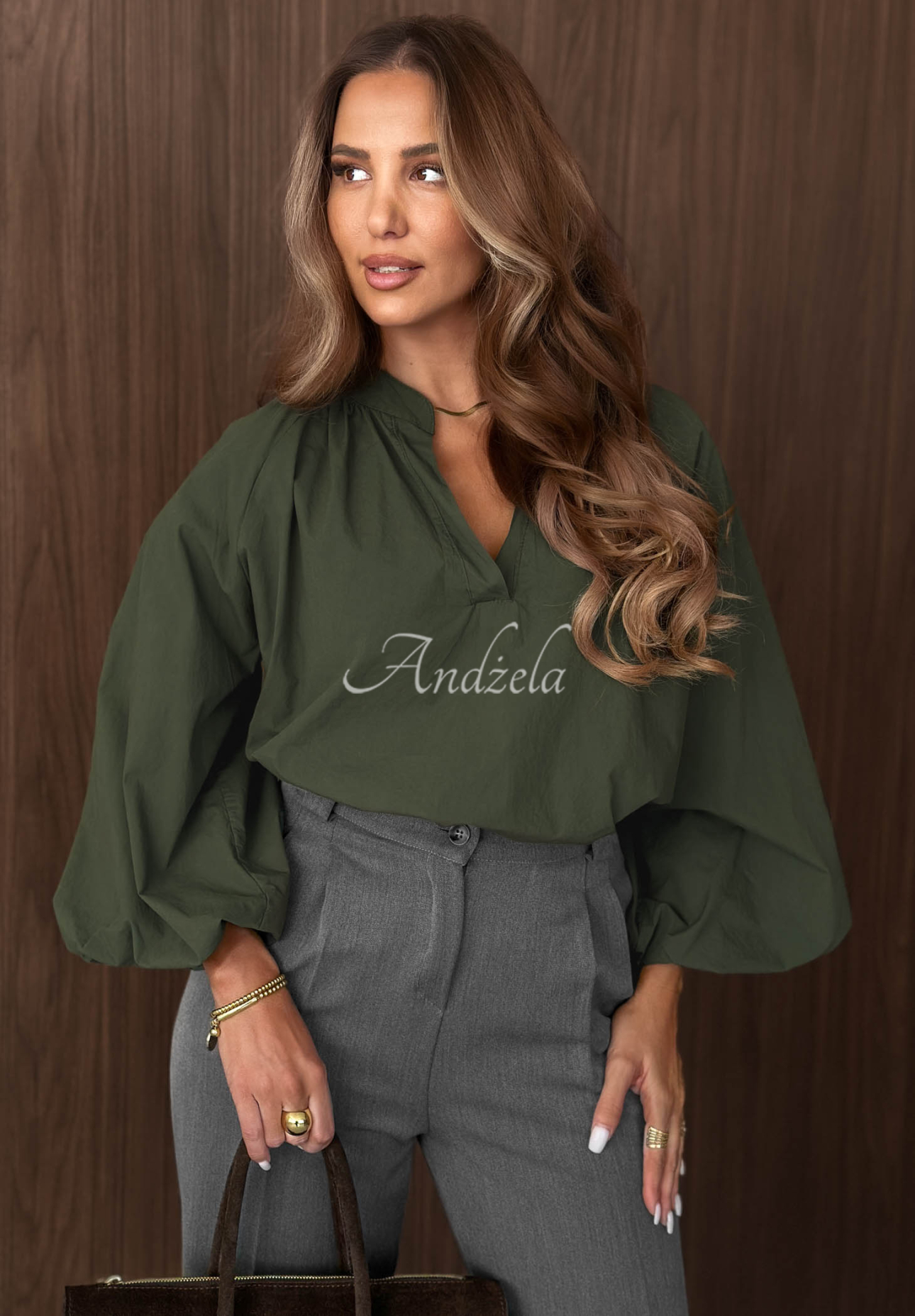 Baumwollhemd mit Puffärmeln Autumn Bella Khaki