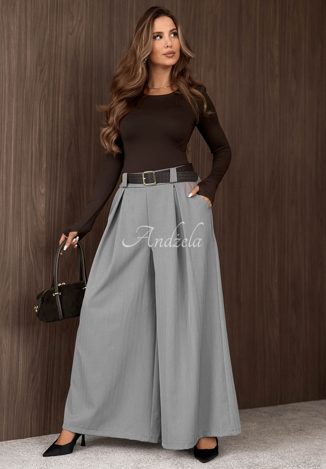 Weit geschnittene Stoffhose mit Gürtel Simple Elegance Grau