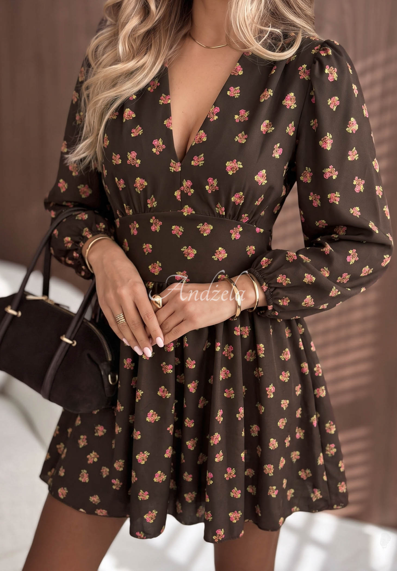 Viskose-Minikleid mit Blumenmuster Maple Rose Schokoladenbraun