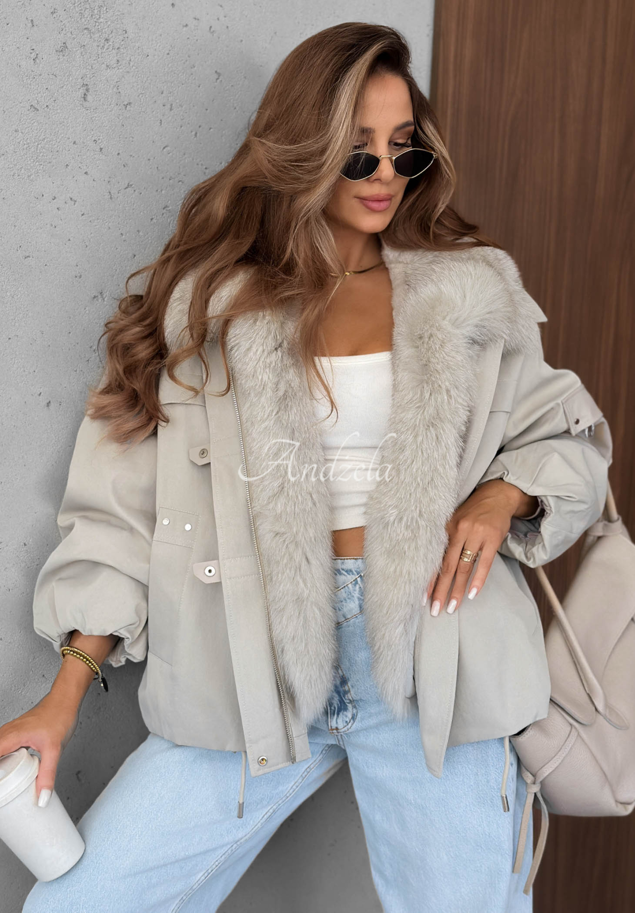 Kurzer Parka mit Pelz Cold North Grau