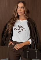 T-Shirt z napisem Ridi De Vita biało-Schokoladenbraun