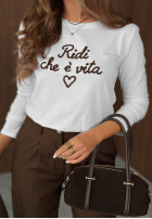 T-Shirt z napisem Ridi De Vita biało-Schokoladenbraun