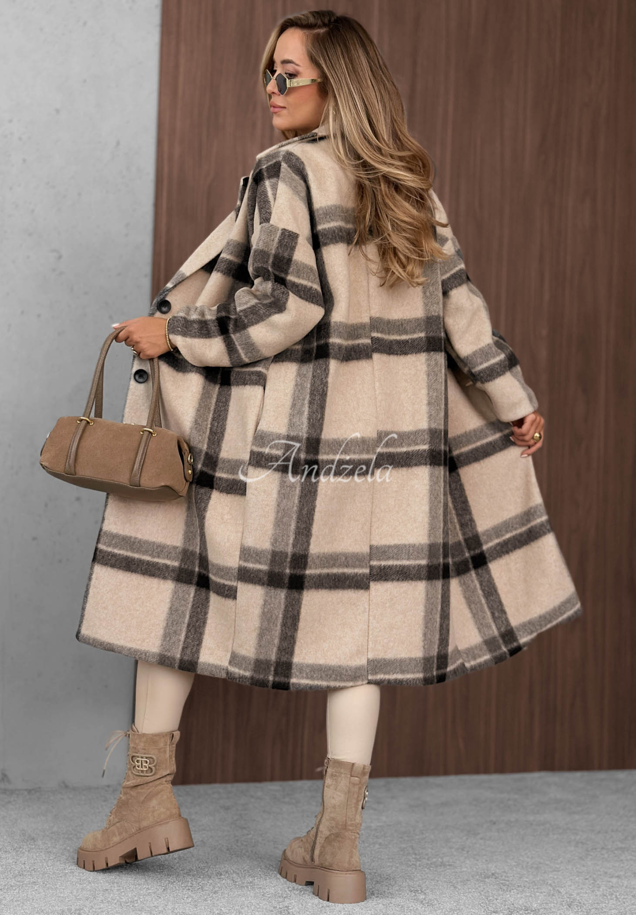 Langer karierter Mantel mit Kragen Classy Fall Beige