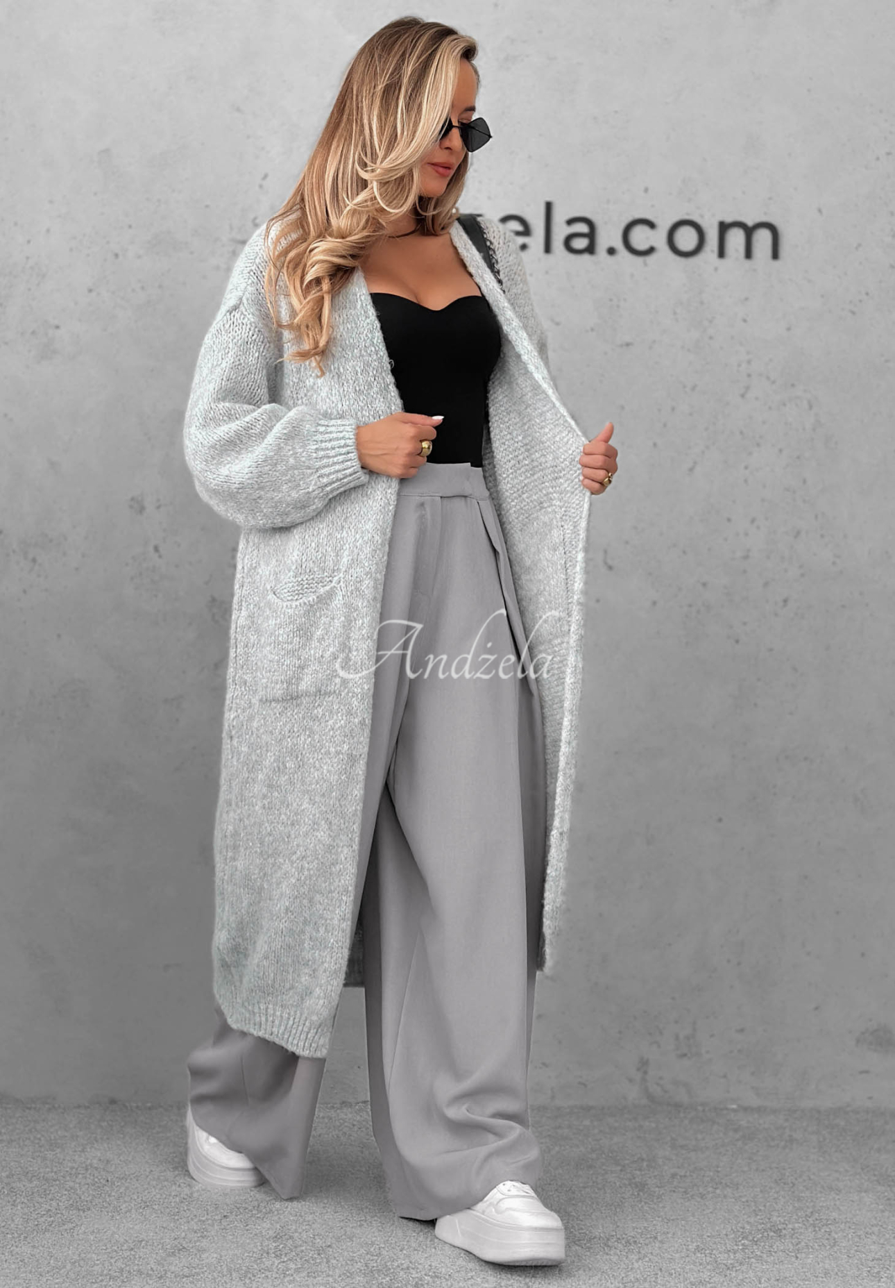 Langer Oversize-Cardigan mit Taschen, Wolle und Viskose November Walk Hellgrau