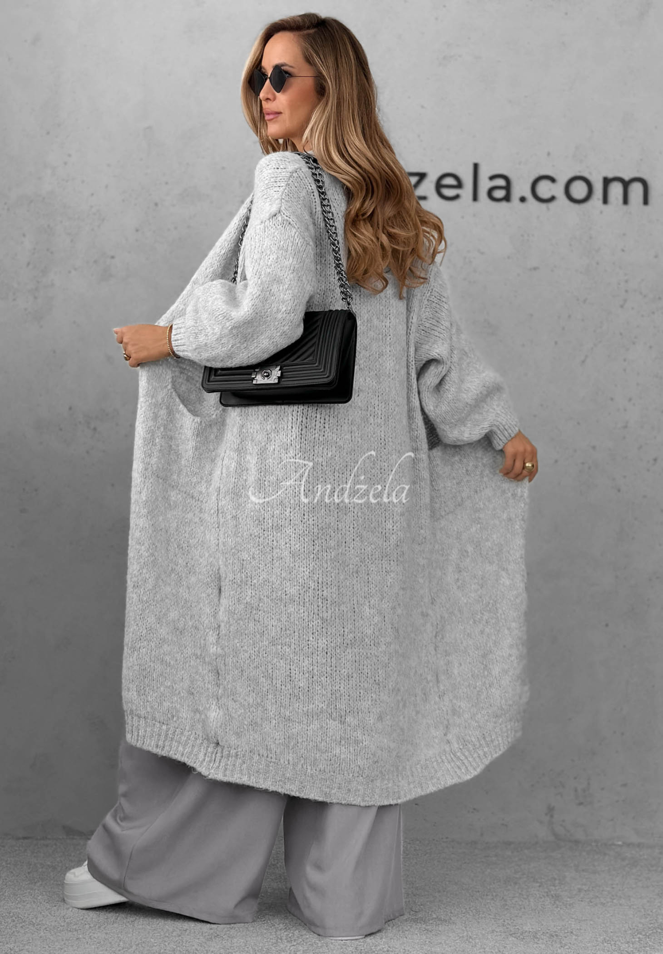Langer Oversize-Cardigan mit Taschen, Wolle und Viskose November Walk Hellgrau