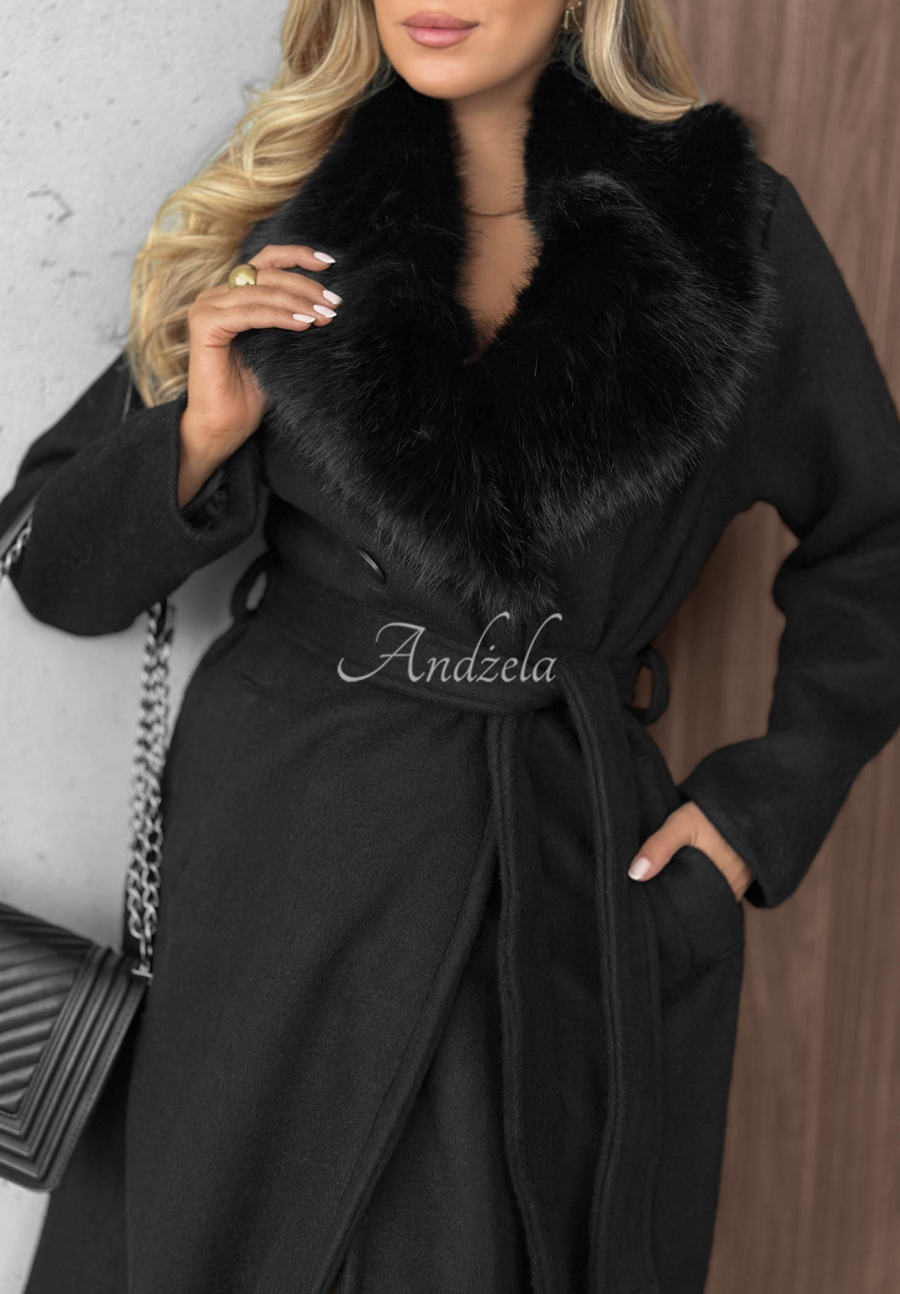 Langer Mantel mit Fellbesatz und Wollanteil Clouded Reverie Schwarz