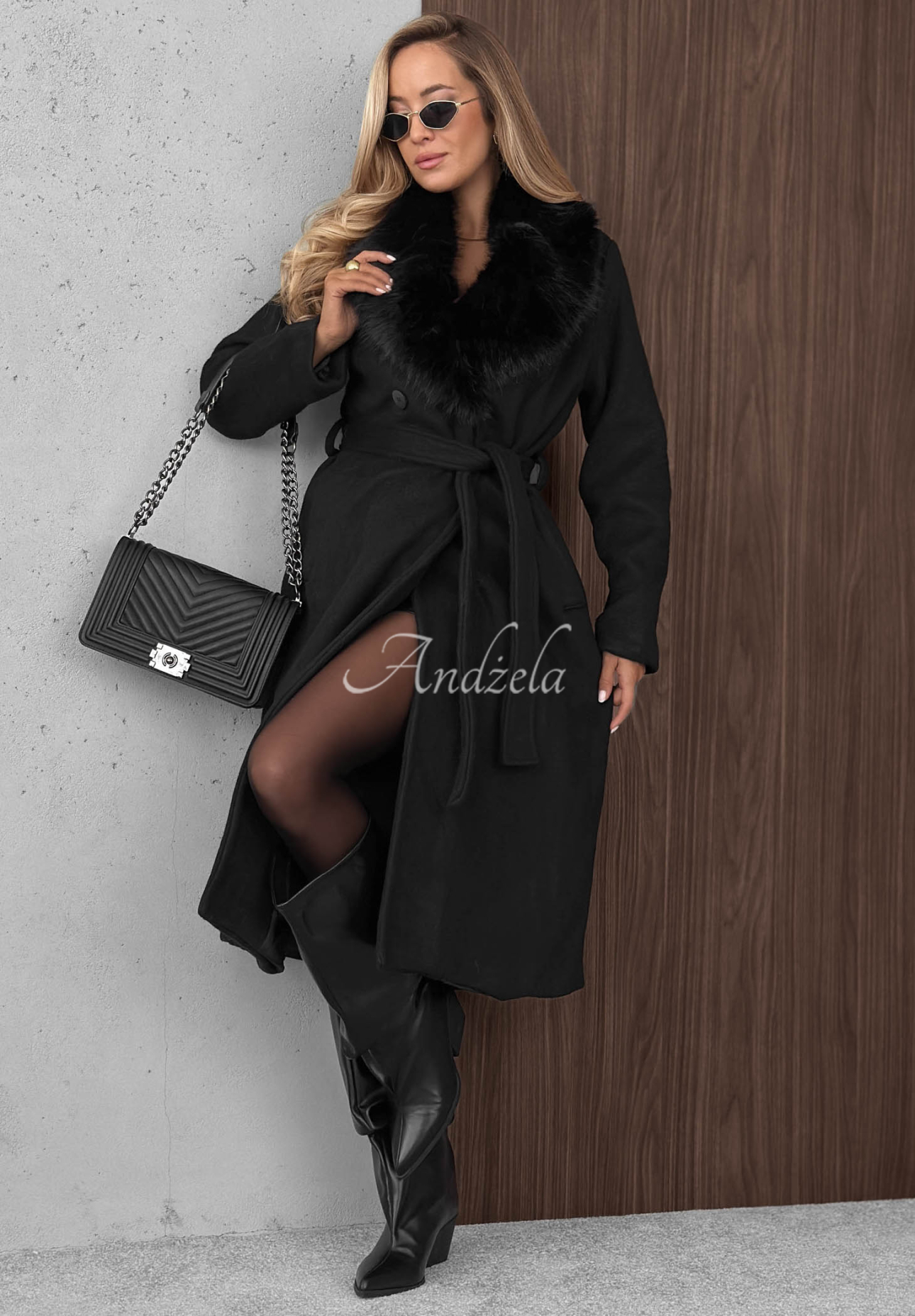 Langer Mantel mit Fellbesatz und Wollanteil Clouded Reverie Schwarz